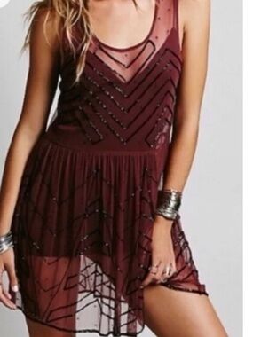NWOT Free People Starry Night Teal Sheer Beaded Dress Red combo L